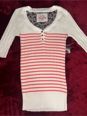 Y2K Mudd White Knit Top with Coral Stripes